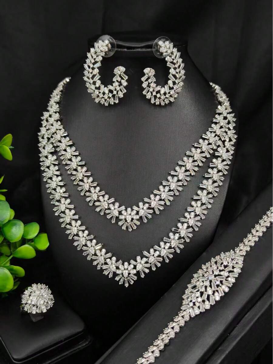 1 Set de Joyería de Lujo para Mujer con Tono Plateado de Cobre y Cristales Rhinestone, 4 piezas Collar, Aretes, Pulsera, Anillo, Adecuado para Novia de Medio Oriente Dubai, Europa, África, Boda, Fiesta, Día de San Valentín, Día de la Madre, Regalo de Vacaciones - Plateado - Ver 1