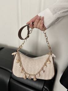 女士贝壳珍珠链条草编腋下包，夏季海滩度假风单肩包 - 白色 - 查看 7
