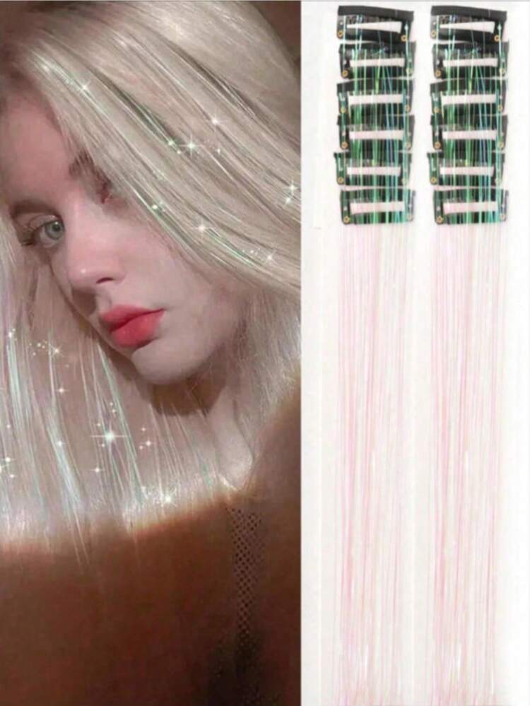 12 Pieces Clip-In Medium Straight Hair Synthetic Hair Clips, Fashion Party Christmas Gift Woman Blonde Hair Silk Hair Clips, Colorful Glitter Hair Clips, Dazzling Hair Accessories For Holiday Gift Party With Family And Friends - Multicolor - View 15