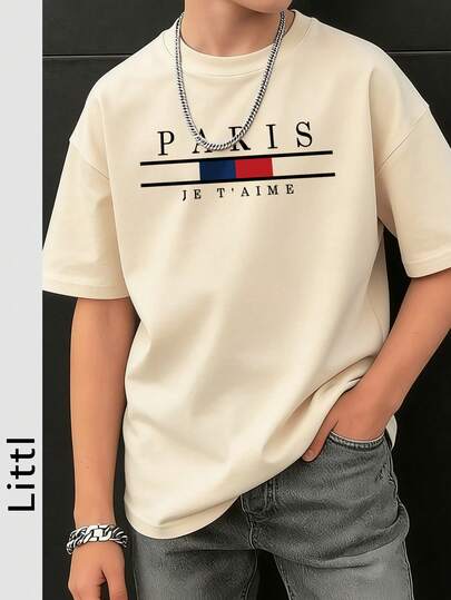 青少年男孩休闲图案印花圆领短袖 T 恤，夏季