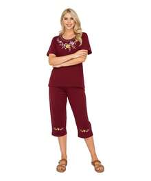 Women Short Sleeves Embroidered Cotton Blend Lounge Wear  Sets - D.Red - View 3