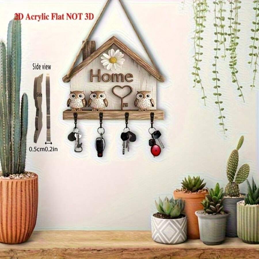 这款迷人的2D木质钥匙架，饰有色彩缤纷的猫头鹰和爱心图案，是家居装饰的理想之选。它配有4个金属挂钩，风格质朴，适合摆放在玄关、门廊或房间，是季节性家居装饰的理想选择，无需用电。 - 彩色 - 查看 1