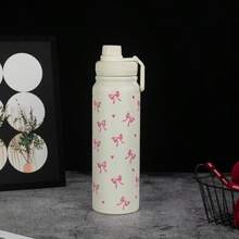 1個 600ml/800ml/1000ml 蝴蝶結&愛心防漏真空保溫瓶 304不鏽鋼太空水壺，大容量健身運動戶外旅行車用飲水瓶 - 米色 - 查看 3