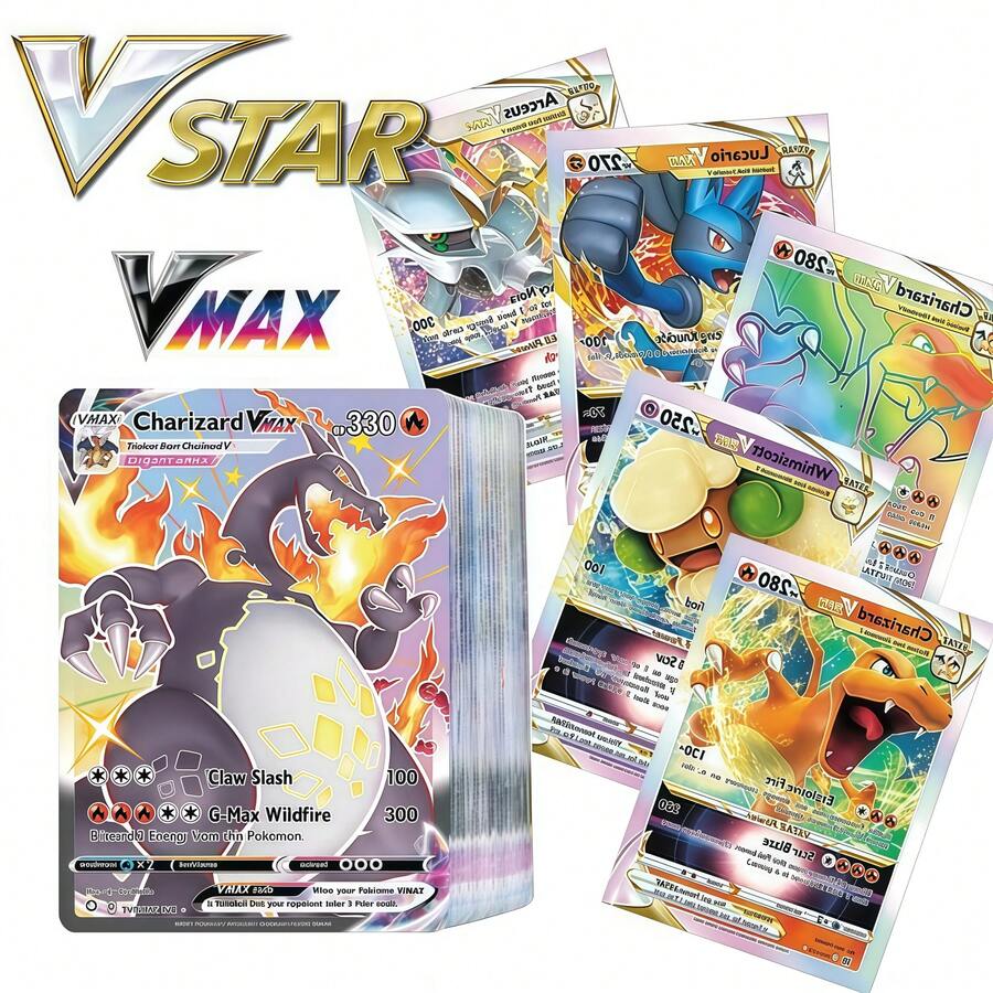 300 tarjetas flash completas de Pokémon, versión en inglés, colección V Vmax GX rara, de alto CP y alto HP, accesorios de fiesta y vacaciones (estilo aleatorio) - Multicolor - Ver 1