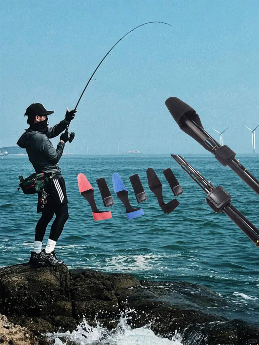 一套（2个）高弹橡胶鱼竿保护套，带抽绳；弹性鱼竿竿尖保护套，防滑鱼竿绑带；适用于室内外鱼竿收纳。钓鱼配件，钓鱼装备。