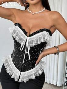 Vexica 女士法式波点性感蕾丝边荷叶边吊带背心，系带设计，适合毕业典礼和派对穿着 - 黑色 - 查看 10