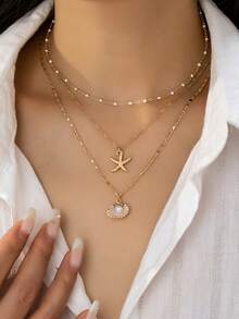 Bộ 3 dây chuyền hình sao biển và vỏ sò vàng xếp lớp, vòng cổ choker đính hạt trắng, phụ kiện phong cách Bohemian cho kỳ nghỉ biển và đeo hàng ngày. - Vàng - Xem 1