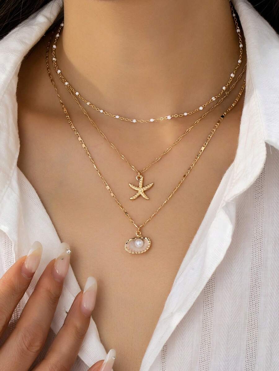 Bộ 3 dây chuyền hình sao biển và vỏ sò vàng xếp lớp, vòng cổ choker đính hạt trắng, phụ kiện phong cách Bohemian cho kỳ nghỉ biển và đeo hàng ngày. - Vàng - Xem 1