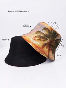 1pc Tropical Palm Leaf Print Reversible Bucket Hat, Casual Party Cute Design, UV Protection, Suitable For Beach, Travel And Casual Street Wear, Spring/Summer - Reversible Fisherman's Hat - View 3