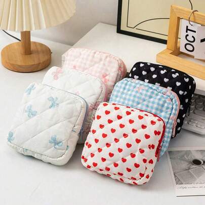 Bowknot Sanitary Pad Storage Bag, Printed Zipper Sanitary Pad Storage Bag, Heart Plaid Menstrual Products Storage Bag, Minimalist Mini Cosmetic Bag, Convenient Tampon Storage Bag, Women's Menstrual Period Products Organizer Bag, Cosmetics Storage Bag, Can Hold Sanitary Pads, Tampons, Liners, Lipstick, Coins, Bluetooth Earphones, Etc. Multi-Functional Sanitary Pad Storage Bag, Suitable For Travel Essentials, Outdoor Hiking Menstrual Products Storage Essentials, Back-To-School Dorm Sanitary Pads/Cosmetics Storage Bag For Women/Girls.