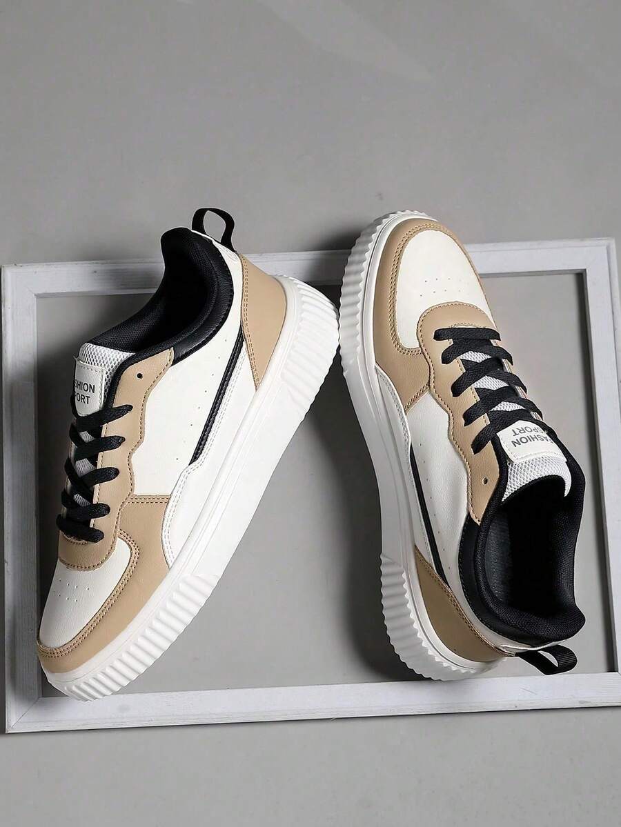 时尚休闲男士平底厚底鞋，经典时尚男士运动滑板鞋系带跑步鞋，个性化男士运动鞋街头休闲鞋 - 棕色 - 查看 1