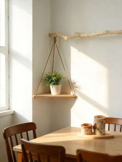 1pc Wooden Hanging Corner Shelf, Macrame Rope Wall Mount Rack, Boho Style Triangular Floating Shelf, Plant Display Rack, Farmhouse Wood Wall Storage Organizer, Home Decor, Hanging Plant Holder, Corner Wall Shelf, Minimalist Wall Mount Rack, Suitable For Living Room, Bedroom, Bathroom, Kitchen, Indoor Plant Display Shelf, Aesthetic Home Decor, Rustic Wall Shelf, Natural Wood Hanging Rack, Decorative Wall Storage Rack, Space-Saving Wall Shelf