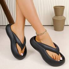 Comfortable Versatile Thick-Soled Flip Flops, Slip-On Fashionable Summer Beach Sandals - Black - View 12