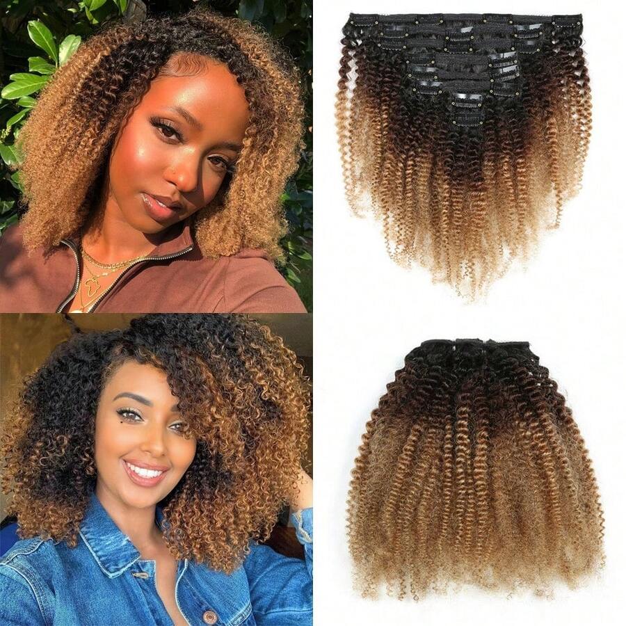 Tóc nối kẹp xoăn xù tự nhiên ombre bằng tóc người thật/4/27, 8 miếng 18 kẹp, tóc kẹp nguyên chất Brazil.