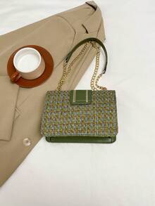 迷你时尚斜挎包，女士链条单肩包，复古格纹方形钱包 - 綠色 - 查看 4