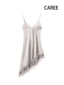 CAREE Women's Satin Slip Dress, Sexy V-Neck Spaghetti Strap Lace Hem, Elegant For All Seasons/Valentine's Day Outfit - Light Grey - View 1