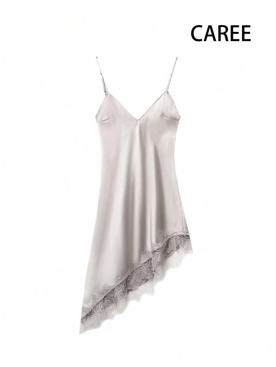 CAREE Women's Satin Slip Dress, Sexy V-Neck Spaghetti Strap Lace Hem, Elegant For All Seasons/Valentine's Day Outfit - Light Grey - View 1