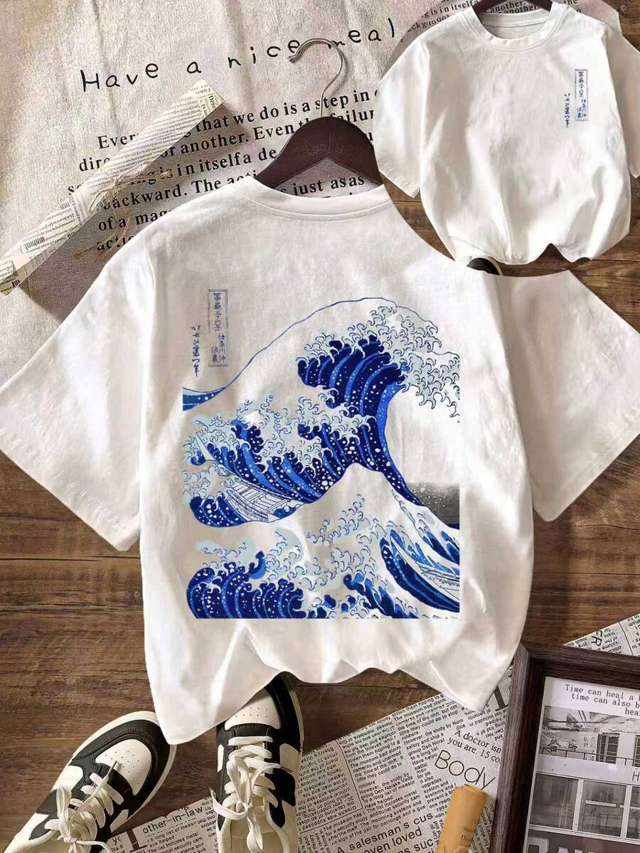 Áo thun nữ cỡ lớn cổ tròn tay ngắn in họa tiết sóng biển, thích hợp cho mùa hè, kỳ nghỉ, đi biển. Màu trắng. - trắng - Xem 1