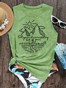 Elegant Women's Vest With Sun Mountain Print, Casual Loose Summer Vest, Fashionable And Elegant For Commuting, Vacation, And Everyday Wear, Versatile Vintage-Style Top, Available In Sizes S-XXL - 草綠色 - 查看 1