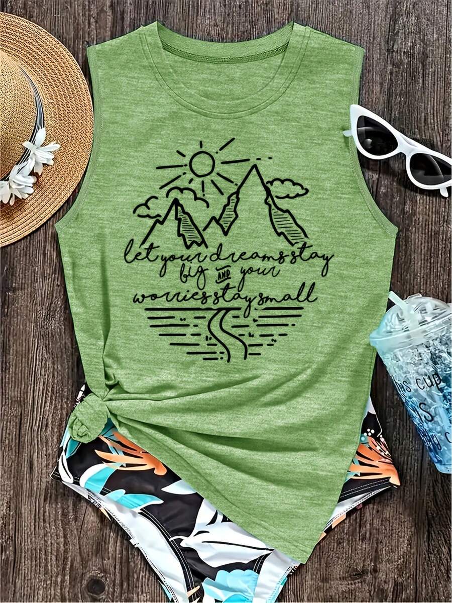 Elegant Women's Vest With Sun Mountain Print, Casual Loose Summer Vest, Fashionable And Elegant For Commuting, Vacation, And Everyday Wear, Versatile Vintage-Style Top, Available In Sizes S-XXL - 草綠色 - 查看 1