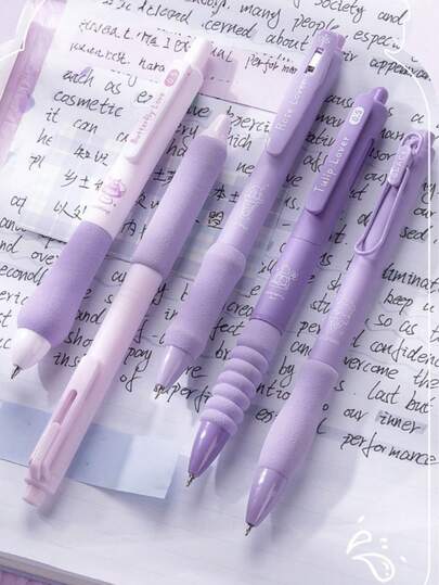 Bộ 5 bút bi gel khô nhanh, mực đen 0.5mm, cán cầm mềm mại, màu tím cao cấp, thích hợp cho học tập, văn phòng, thi cử và mùa tựu trường.