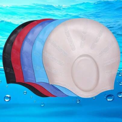 1/6件装护耳泳帽，防水硅胶泳帽，男女通用，长发适用，纯色，大号，适合潜水和游泳