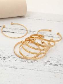 7pcs European And American Style Bracelet Set, Including Hammered, Arrow, Floral, Exaggerated Hexagon, Twist Open Bracelets, Fashion Jewelry Gift - Multicolor - View 4