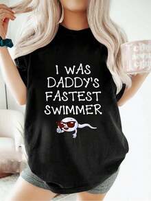 Día del Padre: Fui el nadador más rápido de papá. Feliz Día del Padre. Camiseta divertida para papá. Camiseta holgada informal deportiva de verano con cuello redondo y manga corta. Tops para mujer. - Negro - Ver 1