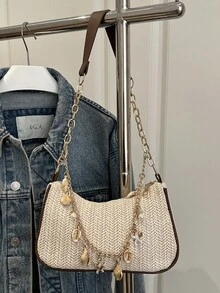 女士贝壳珍珠链条草编腋下包，夏季海滩度假风单肩包 - 白色 - 查看 3