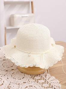 女童夏季荷叶边珍珠草帽，带蝴蝶结，沙滩遮阳帽 - 珍珠 - 查看 10