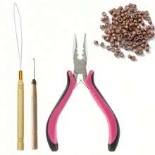 Bộ dụng cụ nối tóc 200 hạt cườm nhỏ màu đen, nâu đậm, nâu nhạt, vàng, 1 kìm bấm hạt cườm, 1 kim móc. - Xem 11