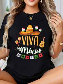 Camiseta de verano para mujer, con la bandera de la Independencia de México, para el Cinco de Mayo, manga corta, cuello redondo, informal, para verano y primavera. Ropa para mujer. - Negro - Ver 1