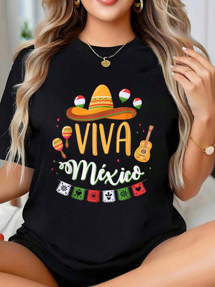 Camiseta de verano para mujer, con la bandera de la Independencia de México, para el Cinco de Mayo, manga corta, cuello redondo, informal, para verano y primavera. Ropa para mujer. - Negro - Ver 1