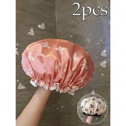 2pcs Waterproof Double-Layer Bow Shower Cap, Elastic Shower Cap, Adult Kitchen Oil-Proof Cap, Bathroom Hair Drying Cap, Elastic And Adjustable, Suitable For Face Washing, Drying Hair, Makeup, Cooking, Shampooing 1pc Home Bathroom Decor Fall Decor Back To School