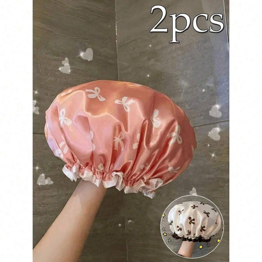 2pcs Waterproof Double-Layer Bow Shower Cap, Elastic Shower Cap, Adult Kitchen Oil-Proof Cap, Bathroom Hair Drying Cap, Elastic And Adjustable, Suitable For Face Washing, Drying Hair, Makeup, Cooking, Shampooing 1pc Home Bathroom Decor Fall Decor Back To School - 多色的 - 查看 1