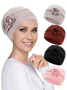 1件装化疗头巾帽针织帽头套头发罩女士睡眠帽化疗癌症帽带花朵图案 - 顏色 - 查看 11