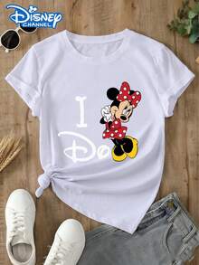 This Disney-Themed Women's T-Shirt Combines Disney Elements With A Wedding Anniversary Theme, Featuring A Minnie Mouse Polka Dot Bow Design And A Highly Recognizable Pattern. Suitable For Bachelor/Bachelorette Parties And Wedding Attire. Made From Soft, Comfortable, And Durable Fabric, This Spring/Summer Women's Crew Neck T-Shirt Is Perfect For Everyday Wear-Shopping, Parties, Travel, Or Gatherings. It Also Makes A Thoughtful Gift. - White - View 1