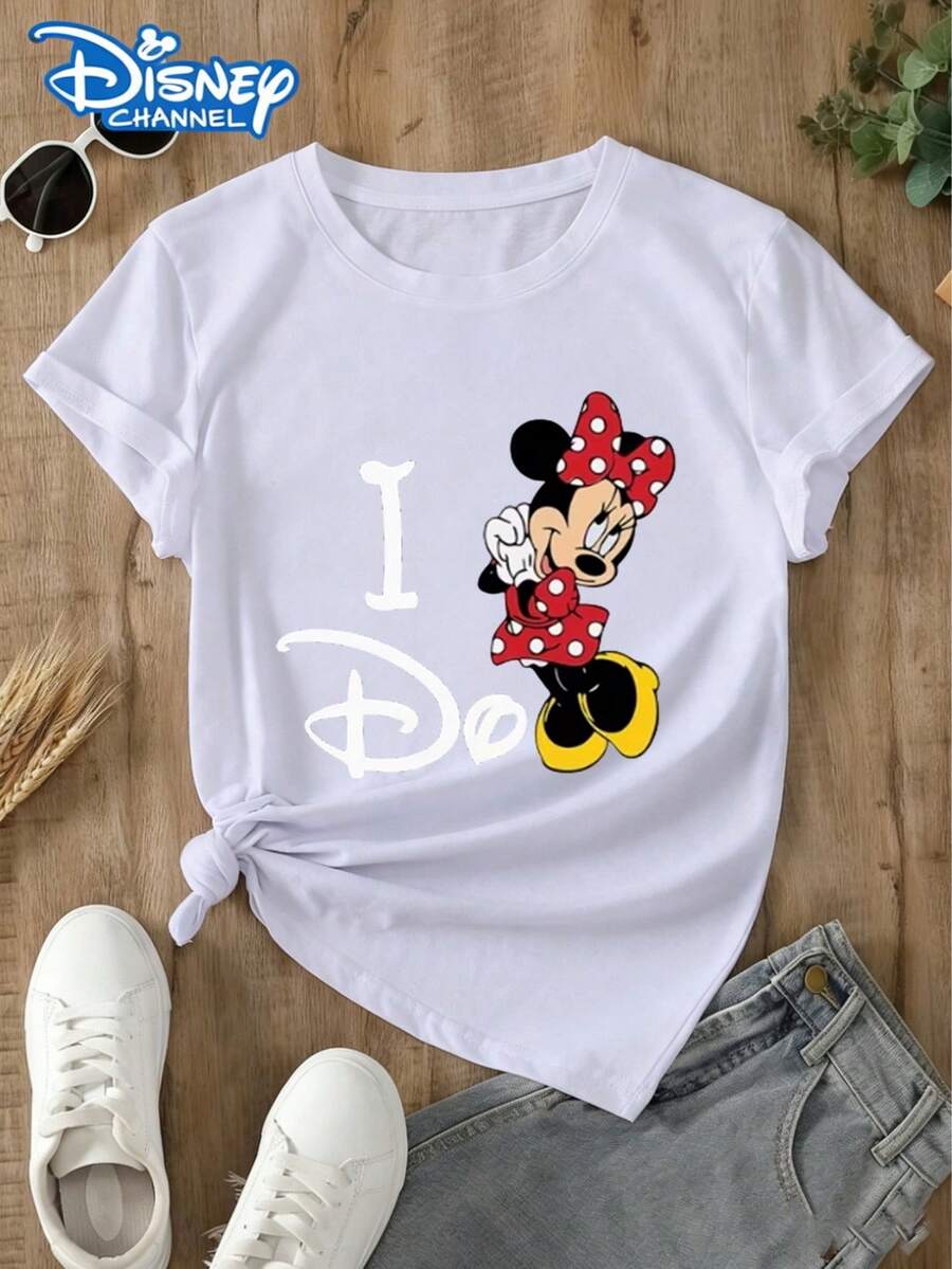 This Disney-Themed Women's T-Shirt Combines Disney Elements With A Wedding Anniversary Theme, Featuring A Minnie Mouse Polka Dot Bow Design And A Highly Recognizable Pattern. Suitable For Bachelor/Bachelorette Parties And Wedding Attire. Made From Soft, Comfortable, And Durable Fabric, This Spring/Summer Women's Crew Neck T-Shirt Is Perfect For Everyday Wear-Shopping, Parties, Travel, Or Gatherings. It Also Makes A Thoughtful Gift. - White - View 1