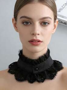 1 chiếc cổ áo giả ren nhỏ, cổ áo đứng, đa năng và tiện dụng, phụ kiện trang trí cổ áo sơ mi giả đính ngọc trai. - màu đen - Xem 1