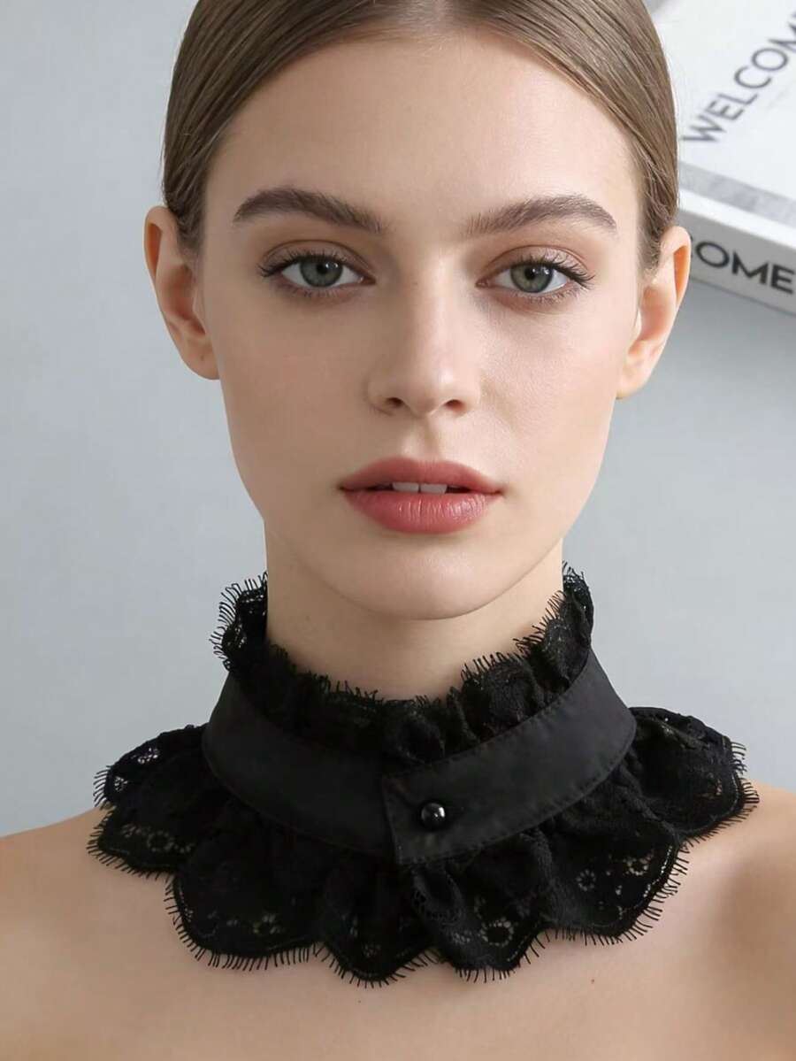 1 chiếc cổ áo giả ren nhỏ, cổ áo đứng, đa năng và tiện dụng, phụ kiện trang trí cổ áo sơ mi giả đính ngọc trai. - màu đen - Xem 1