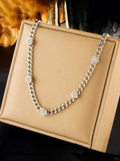 RAYQUEEN 1pc Stainless Steel Fashionable Versatile Personalized Hip-Hop Rhinestone Heart Pendant Necklace For Women, Suitable For Daily Wear, Gift