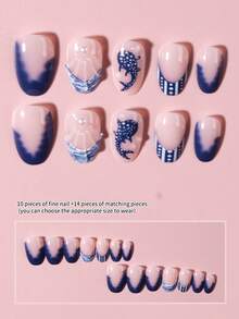 24pcs Short Oval 3D Gel Nail Stickers, Create Ocean Theme Nails, Patterns Include Whale, Shell And Pearl Decor Design, Acrylic False Nail Set, Includes: 1pc Jelly Gel And 1pc Nail File. - Blue - View 4