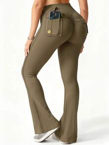 6pecil Quần ống loe nữ ngoài trời có túi, quần legging thể thao ôm sát nâng mông dành cho nữ, quần yoga màu xanh ô liu mùa xuân - Màu xanh Ô liu - Xem 4