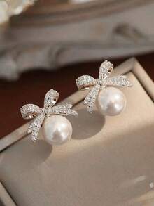 3pcs Fashionable Minimalist Pearl Bow Earrings, Necklace & Jewelry Set, Valentine's Day Decoration Gift For Her - White - View 4