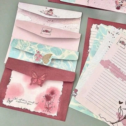 复古玫瑰信封套装 - 4 个自封信封，4 张复古插画信纸，浪漫情侣情书，适合浪漫礼物和日常办公使用