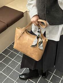 2025春季女款個性化復古軟皮托特包，極簡通勤單肩包，PU材質 - 卡其色 - 查看 2