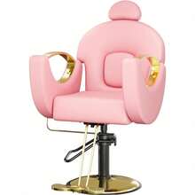Silla profesional para salón hidráulica reclinable rosa 360° giratoria con altura regulable ideal peluquería spa belleza tatuajes estructura de hierro resistente - Rosa y oro - Ver 9
