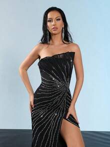 新款性感露背水钻网纱拼接高开衩绷带长裙，优雅女士假日派对正式晚礼服 - 黑色 - 查看 2