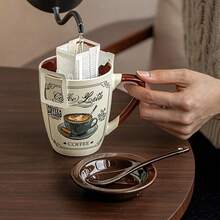 1个意式拿铁、摩卡、卡布奇诺陶瓷咖啡杯，带盖和勺子；复古美式拿铁杯；法式复古早餐燕麦牛奶杯；适用于餐厅、客厅、咖啡馆 - 彩色 - 查看 3