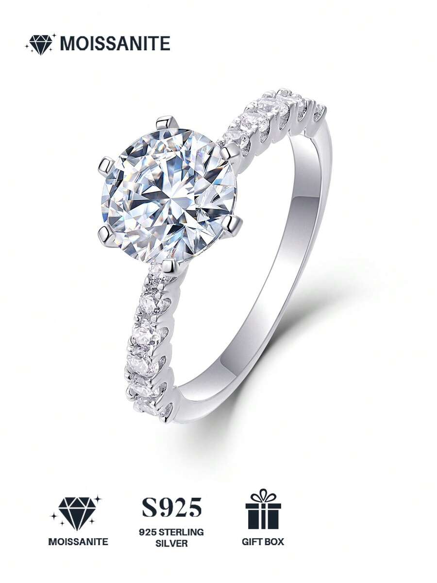 Anillo de Moissanita de 2 quilates, plata de ley 925 hipoalergénica, anillo de compromiso/boda, diseño minimalista exclusivo, uso diario versátil, regalo de boda/aniversario/cumpleaños, empaquetado en caja de regalo